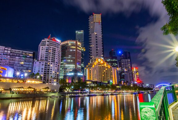 A view of the Southbank city skyline and Yarra River at night.