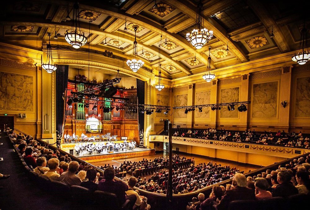An concert inside a large historic hall