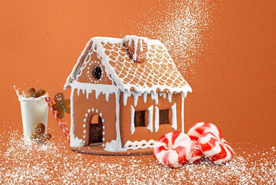 Festive gingerbread house with icing details, sparkles and bonbons.