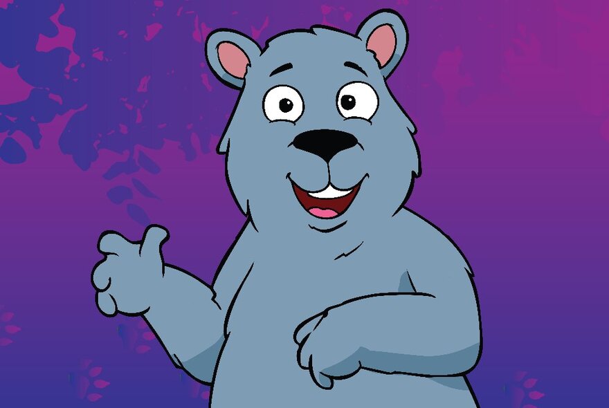 A cartoon depicting a blue bear, against a purple backdrop.