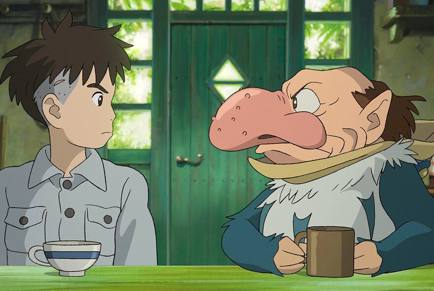 Studio Ghibli still of a young boy and grotesque man.