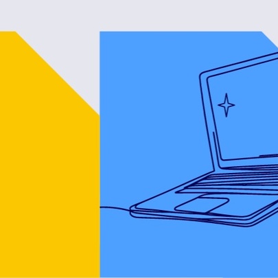 A line drawing of a laptop computer against a blue, white and yellow background.