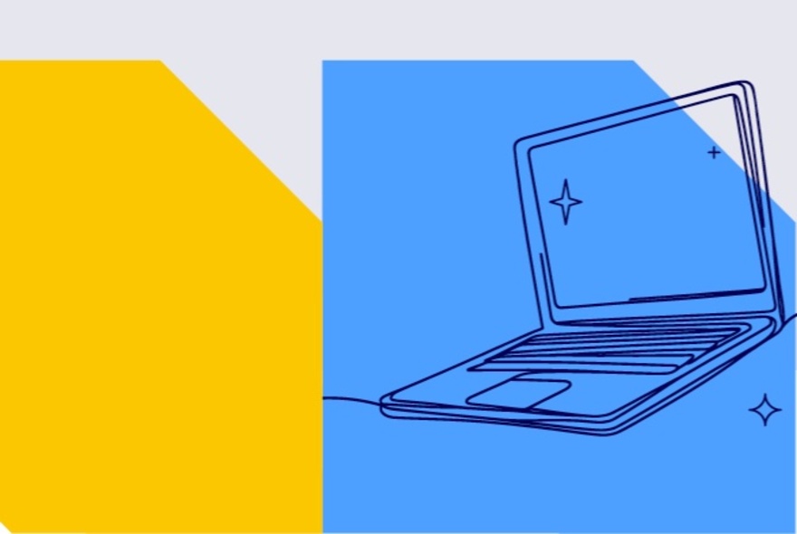 A line drawing of a laptop computer against a blue, white and yellow background.