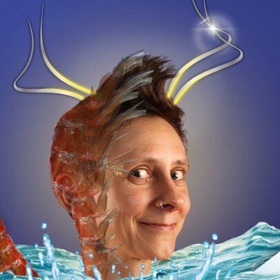Graphic featuring comedian Anna Thompson dressed as a sea creature up to her neck in water. 