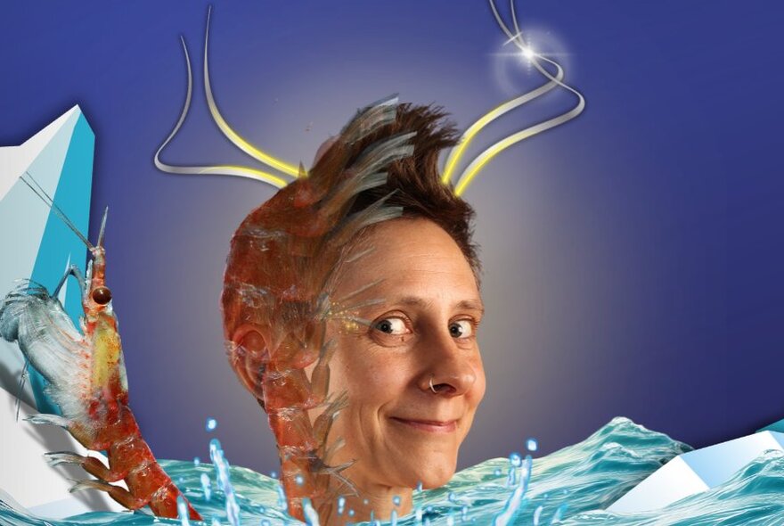 Graphic featuring comedian Anna Thompson dressed as a sea creature up to her neck in water. 