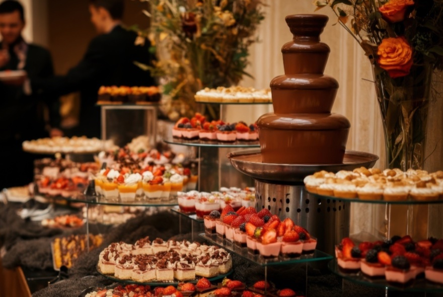 A dessert buffet, featuring a central chocolate fountain, at the Easter high tea buffet at Stamford Plaza Hotel Melbourne.