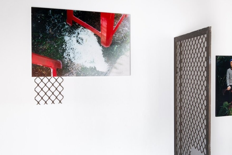 A gallery space with a mesh security door and abstract artwork on the walls.