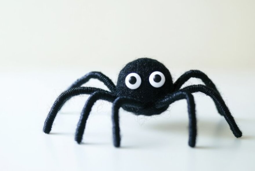 Craft spider made of wool with plastic eyes.