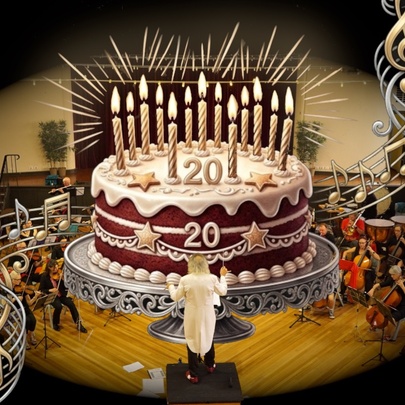 Conductor conducting a large cake with 20 candles, orchestra seated behind the cake.