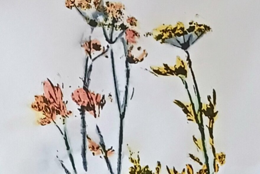 An artwork of wild flowers with pink and yellow blooms and dark stems against a white background.