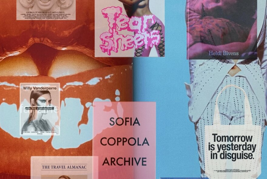 An arrangement of art book covers, some with text in the titles, overlaid on a close-up of glossy red lips and a fashion model on the runway.