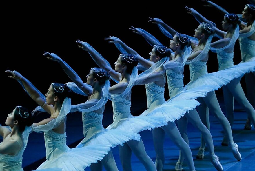 A perfectly formed line of ballerinas in tutus dancing on stage, each standing in the same position with right arm raised.