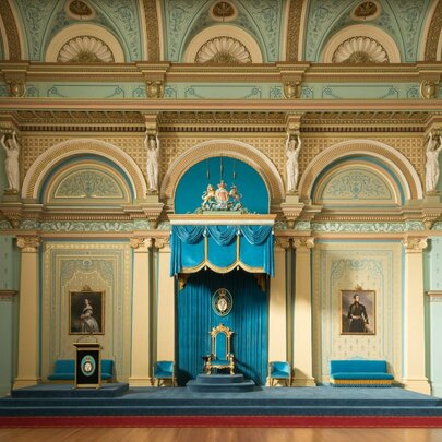 A stately room at Government House Victoria, with a blue velvet throne style chair on a low rise stage, blue velvet bench seating on either side and architectural wall trims of arches and columns.