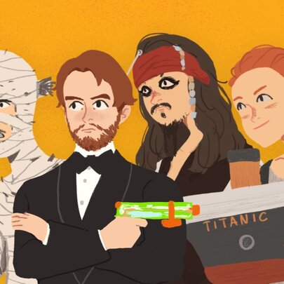 A cartoon image depicting four movie characters: the Mummy, James Bond, Captain Jack Sparrow and Rose from Titanic.