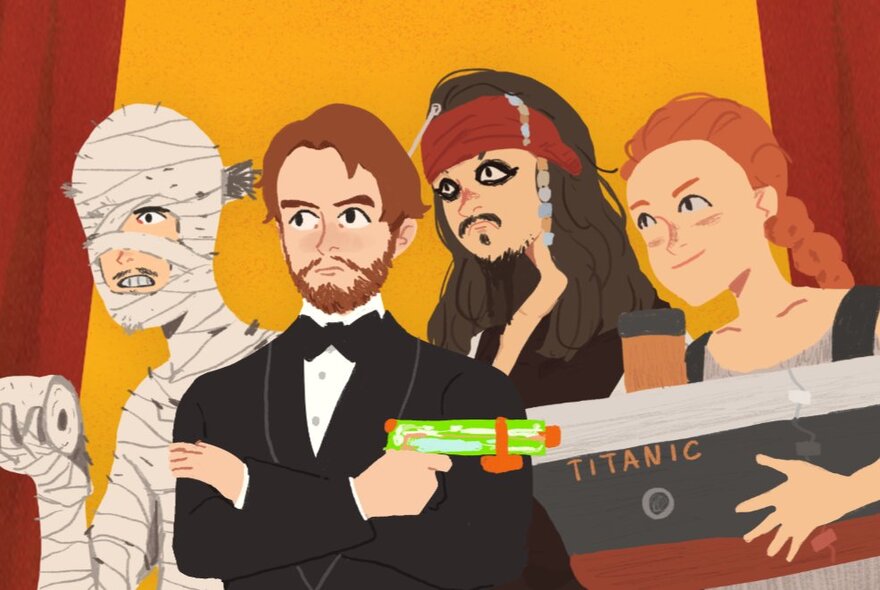 A cartoon image depicting four movie characters: the Mummy, James Bond, Captain Jack Sparrow and Rose from Titanic.
