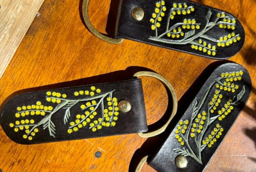 Three leather key chains embossed with an  Australian wattle design.