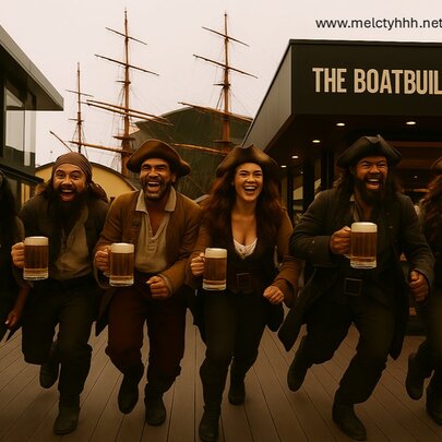Six people dressed like pirates laughing as they jog with full steins of beer.