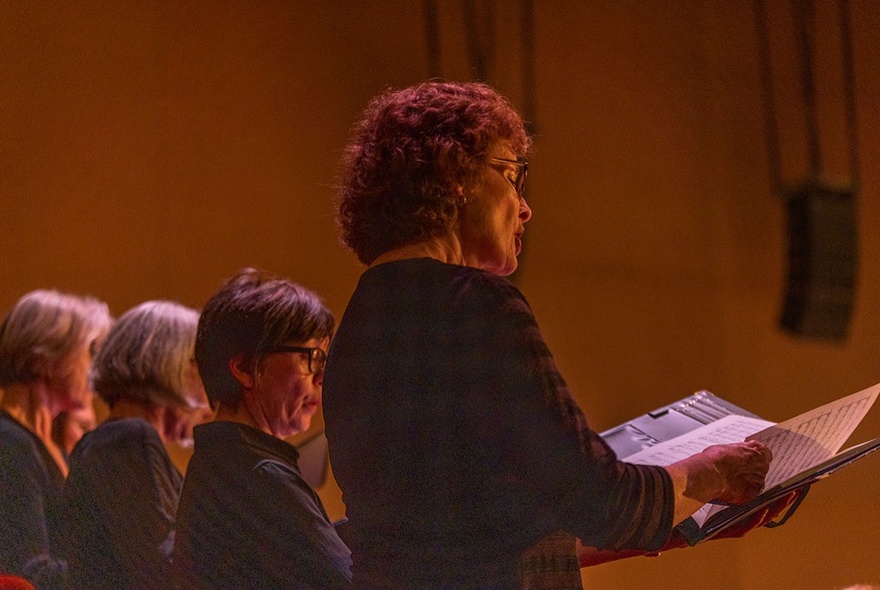 Back view of women singing in a choir with soft lighting. 