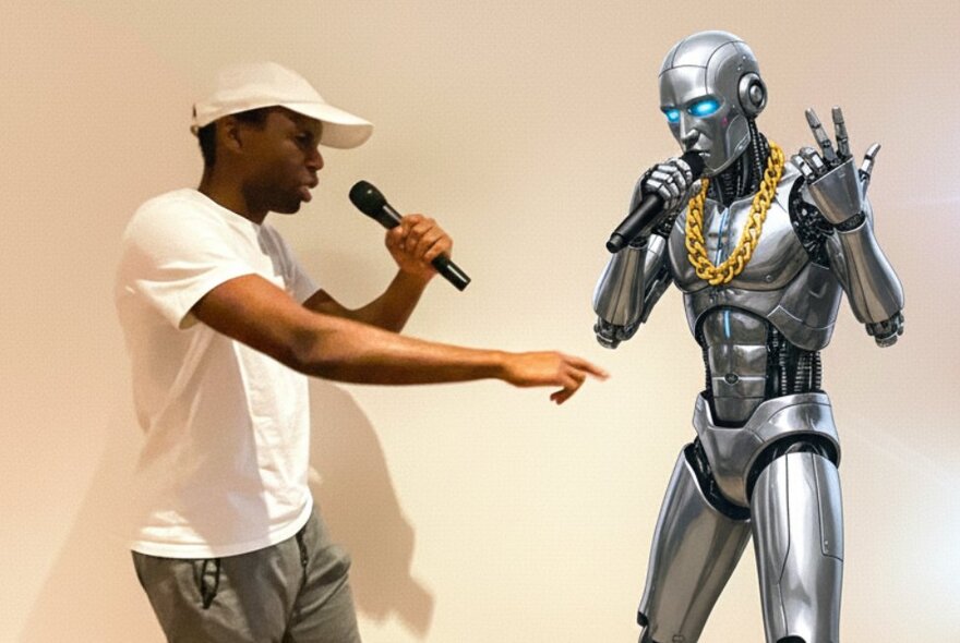 Rapper holding a microphone next to a robot holding a microphone.