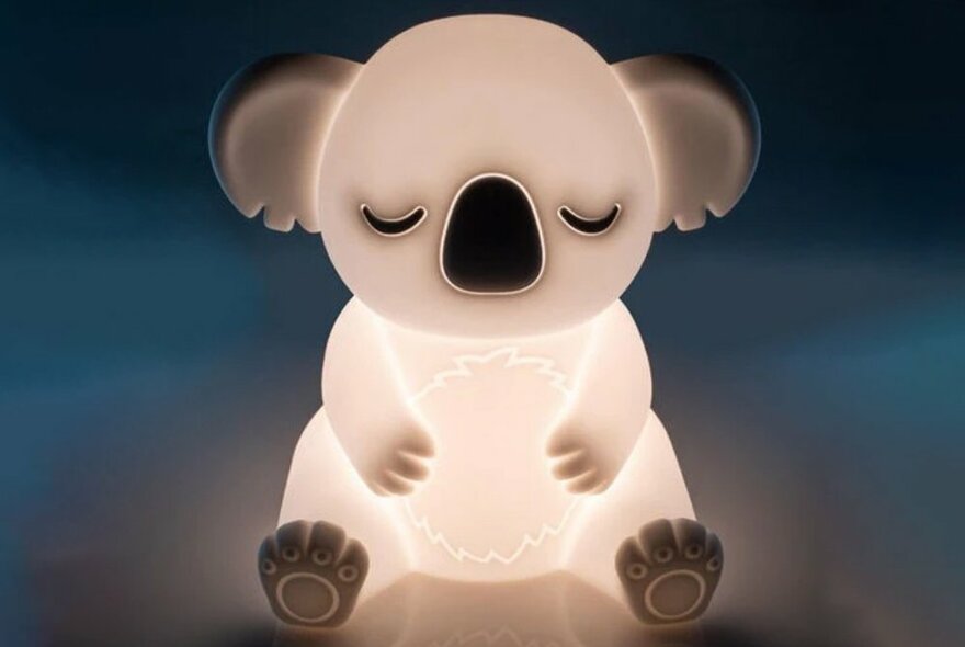 A glowing koala shaped lamp with its eyes closed.