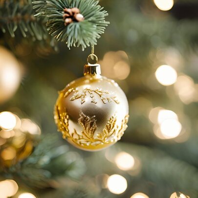 Gold Christmas bauble suspended from the branch of a Christmas tree.