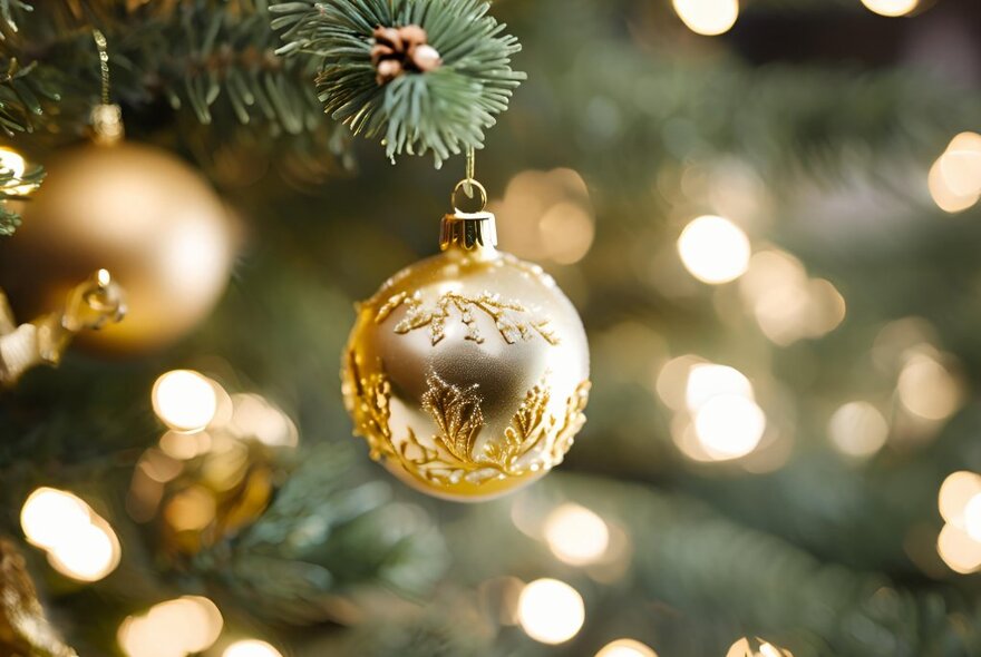 Gold Christmas bauble suspended from the branch of a Christmas tree.