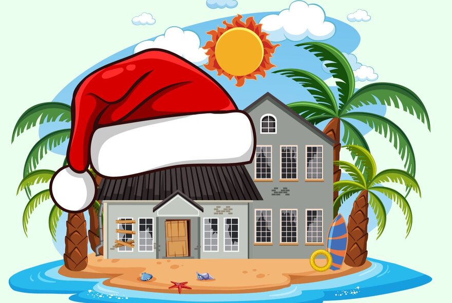 Cartoon of a house on an island with palm trees, wearing a Santa hat.