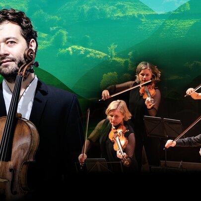 Composite image of four violinists next to a man wearing a black suit and his violin.