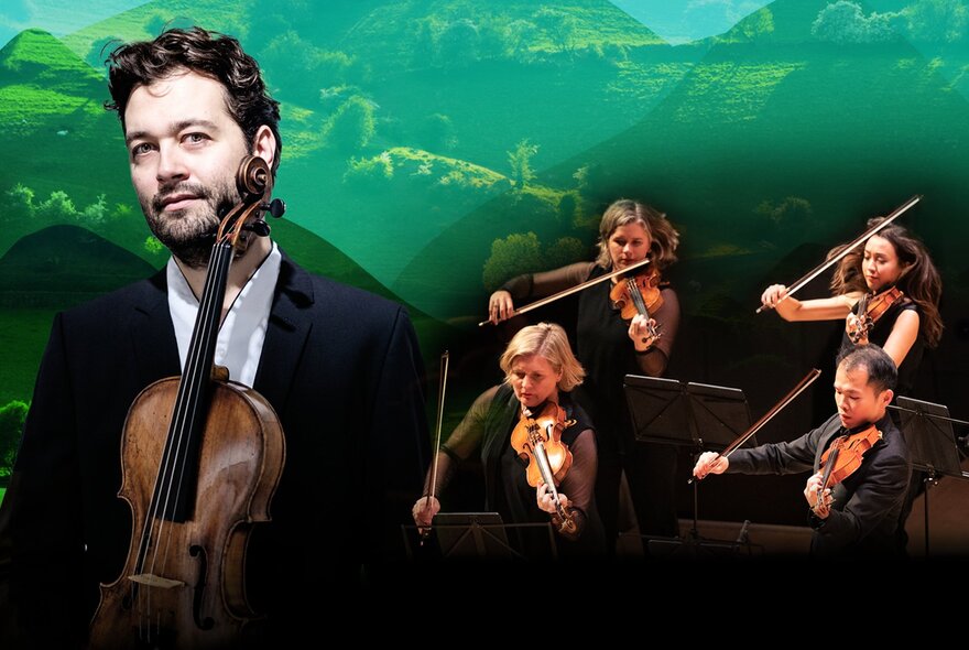 Composite image of four violinists next to a man wearing a black suit and his violin.