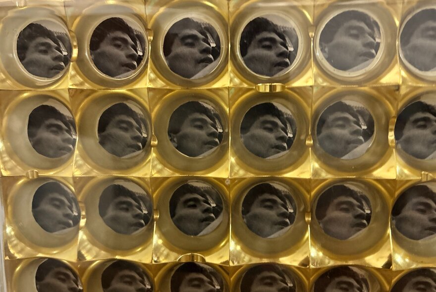 An artwork depicting a grid-like collection of black and white reflections of a person's face surrounded by yellow circles. 