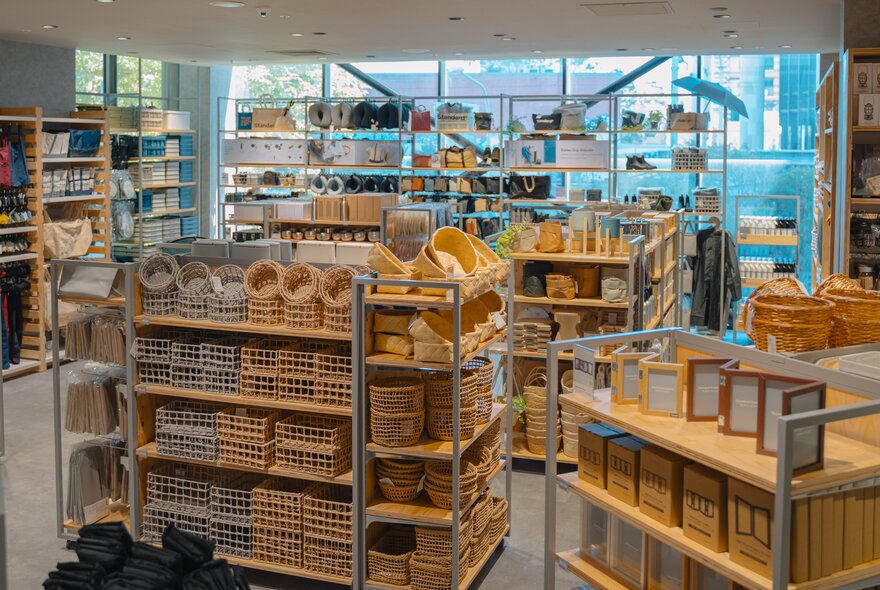 The interior of Standard Products store with products on display  on racks and shelves.
