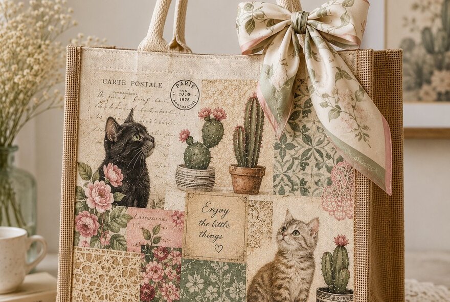 A tote bag decorated with cats and a ribbon using decoupage techniques.