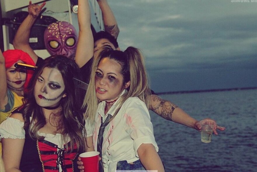 People dressed in spooky outfits and makeup on a ship.