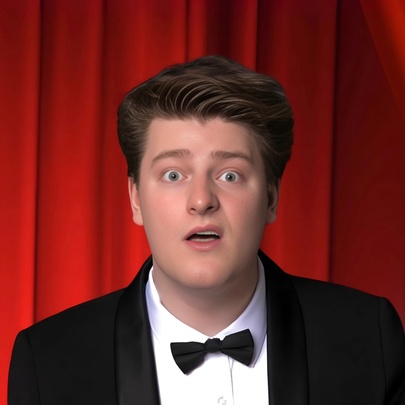 Magician Liam ‘LJ’ Jumpertz in a tuxedo with bow tie looking bewildered in front of a red velvet curtain. 