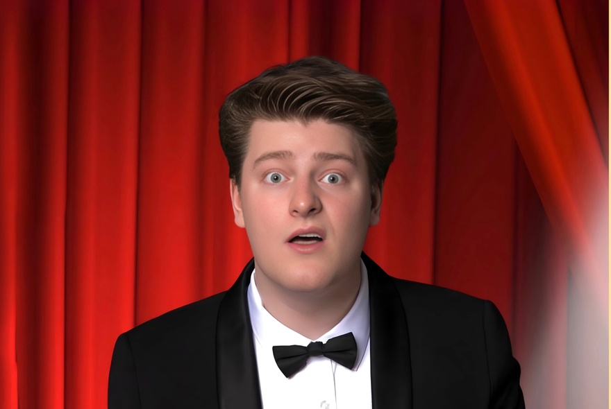 Magician Liam ‘LJ’ Jumpertz in a tuxedo with bow tie looking bewildered in front of a red velvet curtain. 
