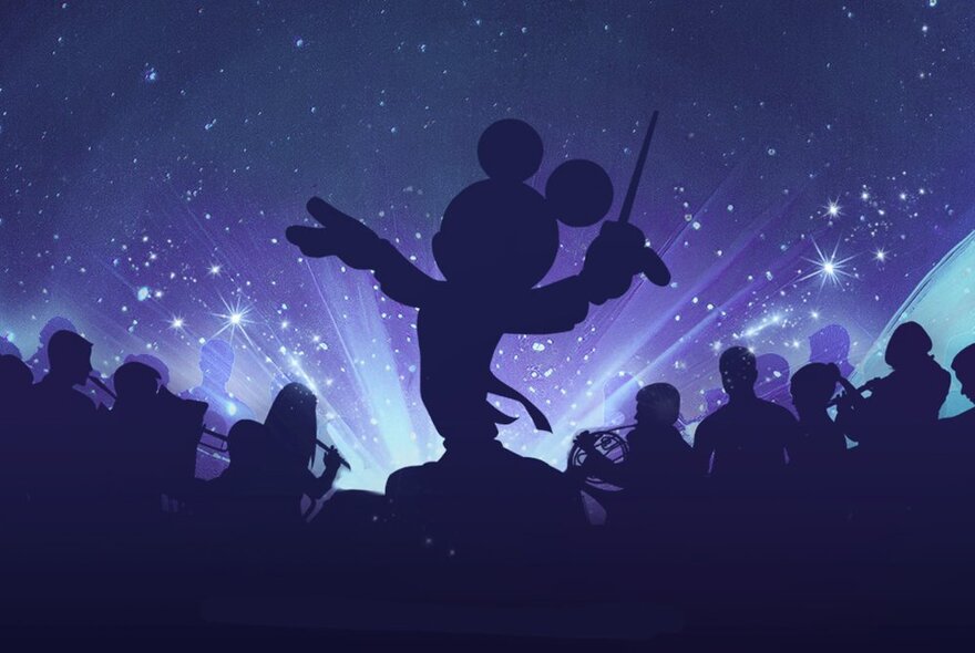 An illustration depicting the Disney cartoon character Mickey Mouse in black silhouette conducting an orchestra, against a night sky background with shooting stars. 