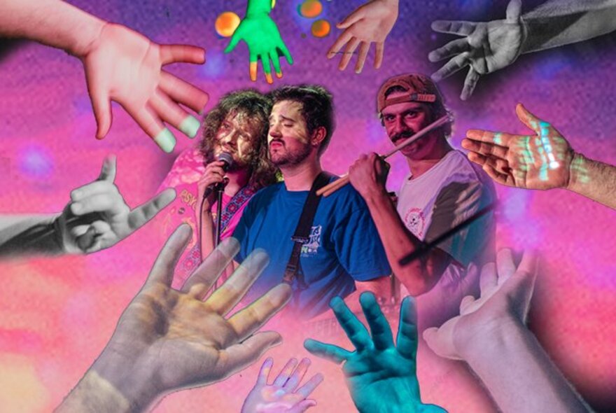 A graphic image in pink shades of three musicians performing surrounded by outstretched hands. 