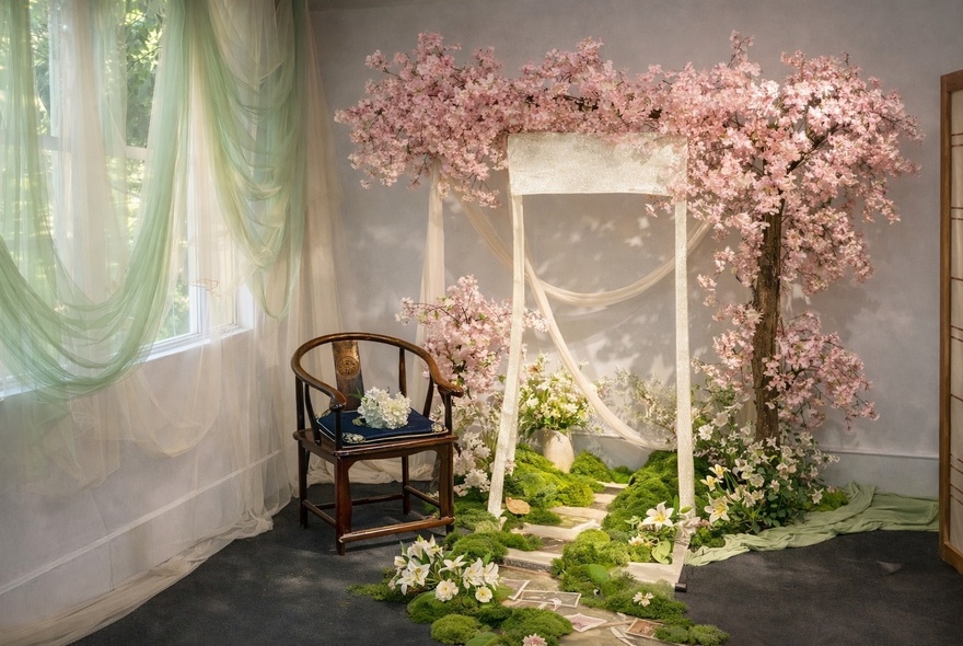 An event decoration prop featuring artificial cherry blossoms around a floral arch and a chair, for the purpose of taking a staged photograph.
