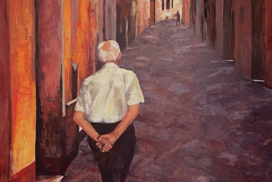 Oil painting of an older man walking along a path, with his hands behind his back, with terracotta coloured buildings on either side of the path.