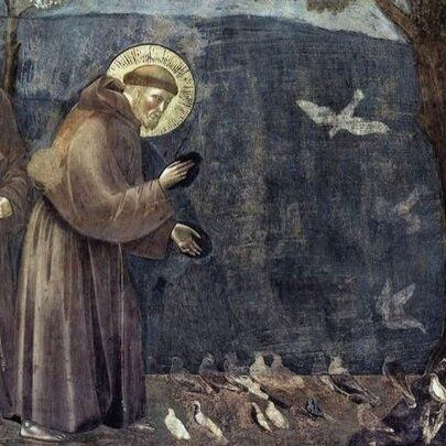 Early artwork of St Francis of Assisi in robes in  front of birds and a tree, a nun behind him. 