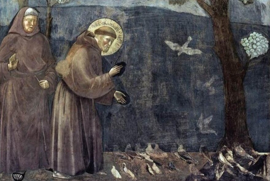 Early artwork of St Francis of Assisi in robes in  front of birds and a tree, a nun behind him. 