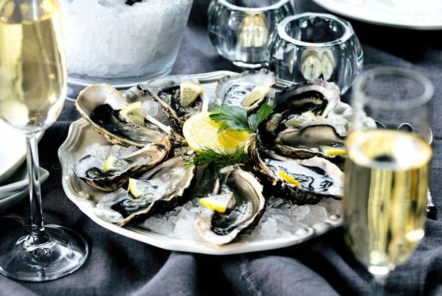 Plate of fresh oysters, with two champagne flutes either side, two glass candle holders to rear.