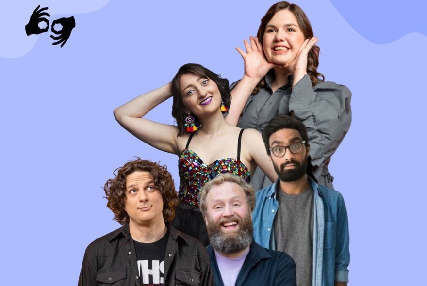 Comedians grouped against a purple background.