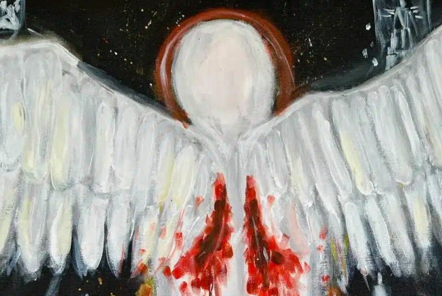 Artwork of a figure with outstretched white wings with bleeding chest.