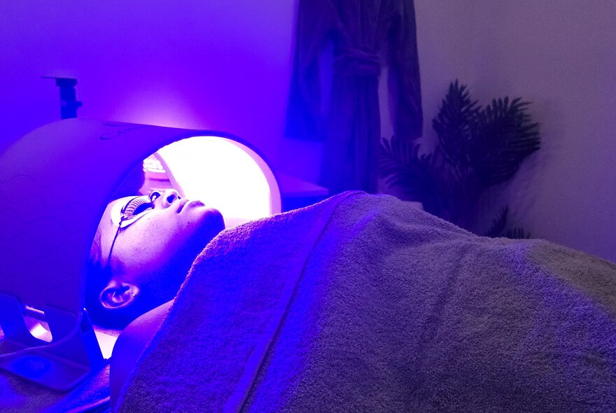 A person lying down under an arched LED light therapy panel in a wellness salon.
