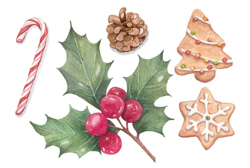 A watercolour painting of festive symbols including a striped candy cane, holly, decorated cookies and a pine cone.