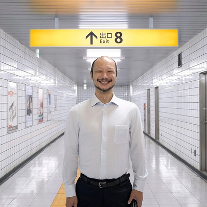 A man in a white button-down shirt and black pants stands smiling in a bright, white-tiled subway corridor.