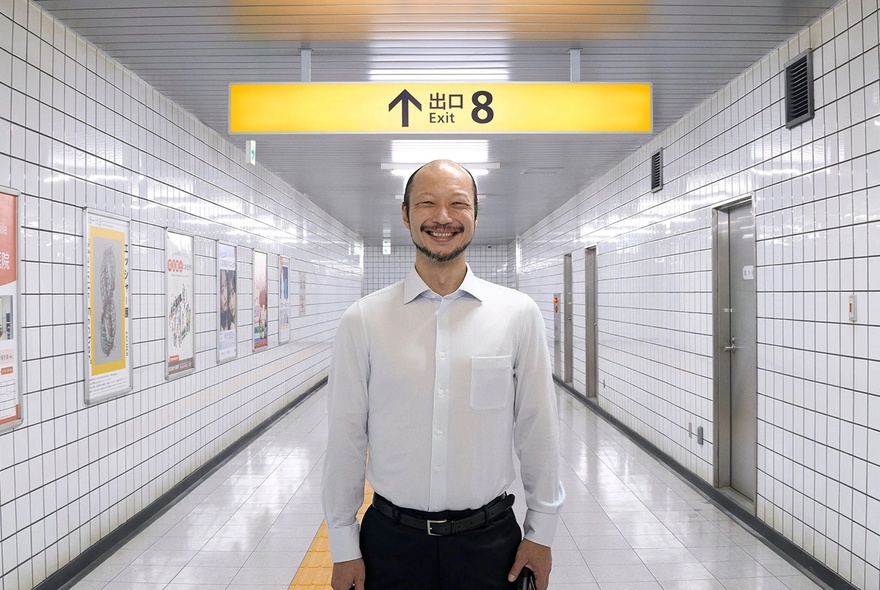 A man in a white button-down shirt and black pants stands smiling in a bright, white-tiled subway corridor.