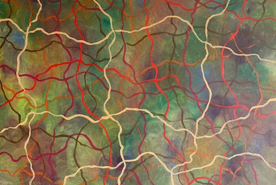 An abstract artwork featuring squiggly white, red and black lines in a rough checked pattern over mottled background.