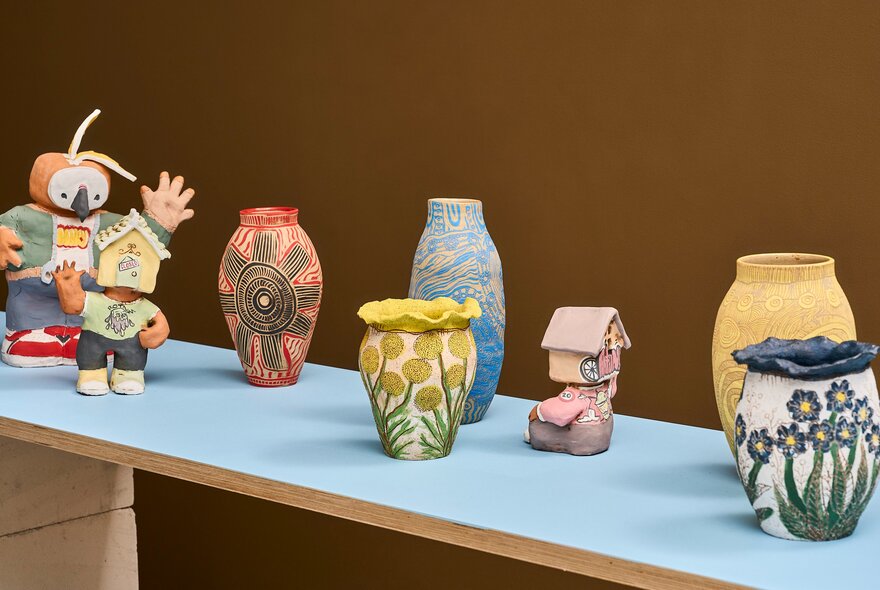 A selection of colorful contemporary ceramics and small sculptures on display at the gallery space at Craft.